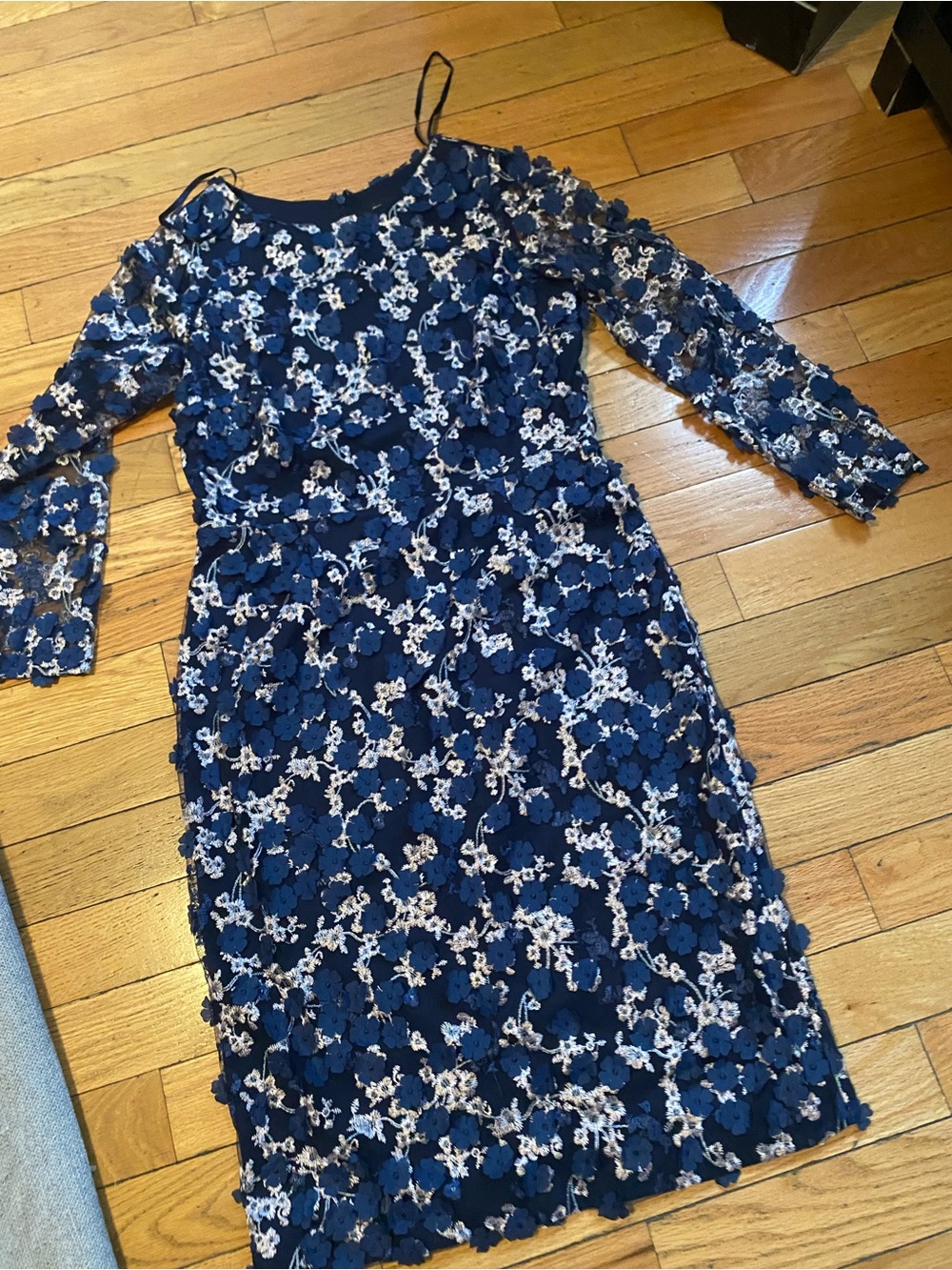 Xscape Navy Blue Floral Appliqué Long Sleeve Sheath Dress